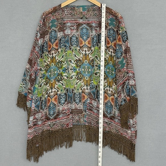 Entro Womens Top M Colorful Kimono Open Fringe Boho Hippie Tribal Aztec Cowgirl - Picture 13 of 16